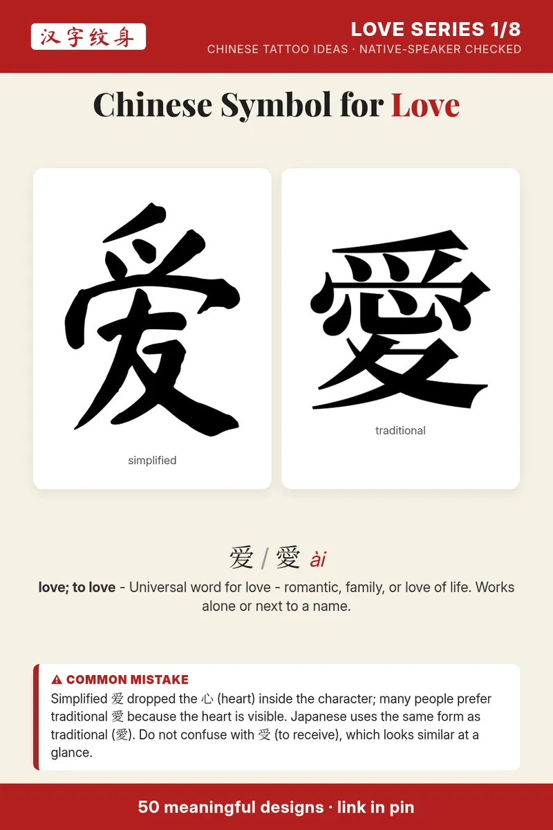 Chinese love character shown as simplified 爱 in brush style and traditional 愛 in serif, with pinyin ài.